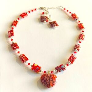 Beautiful red millefori art glass necklace and earring set